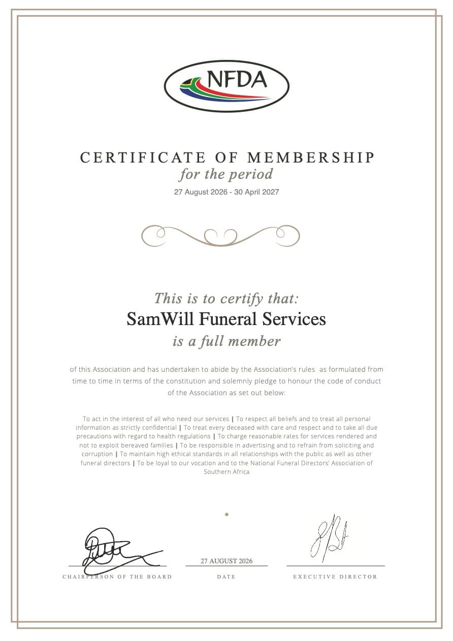 SamWill Funeral Services — NFDA Certificate of Membership